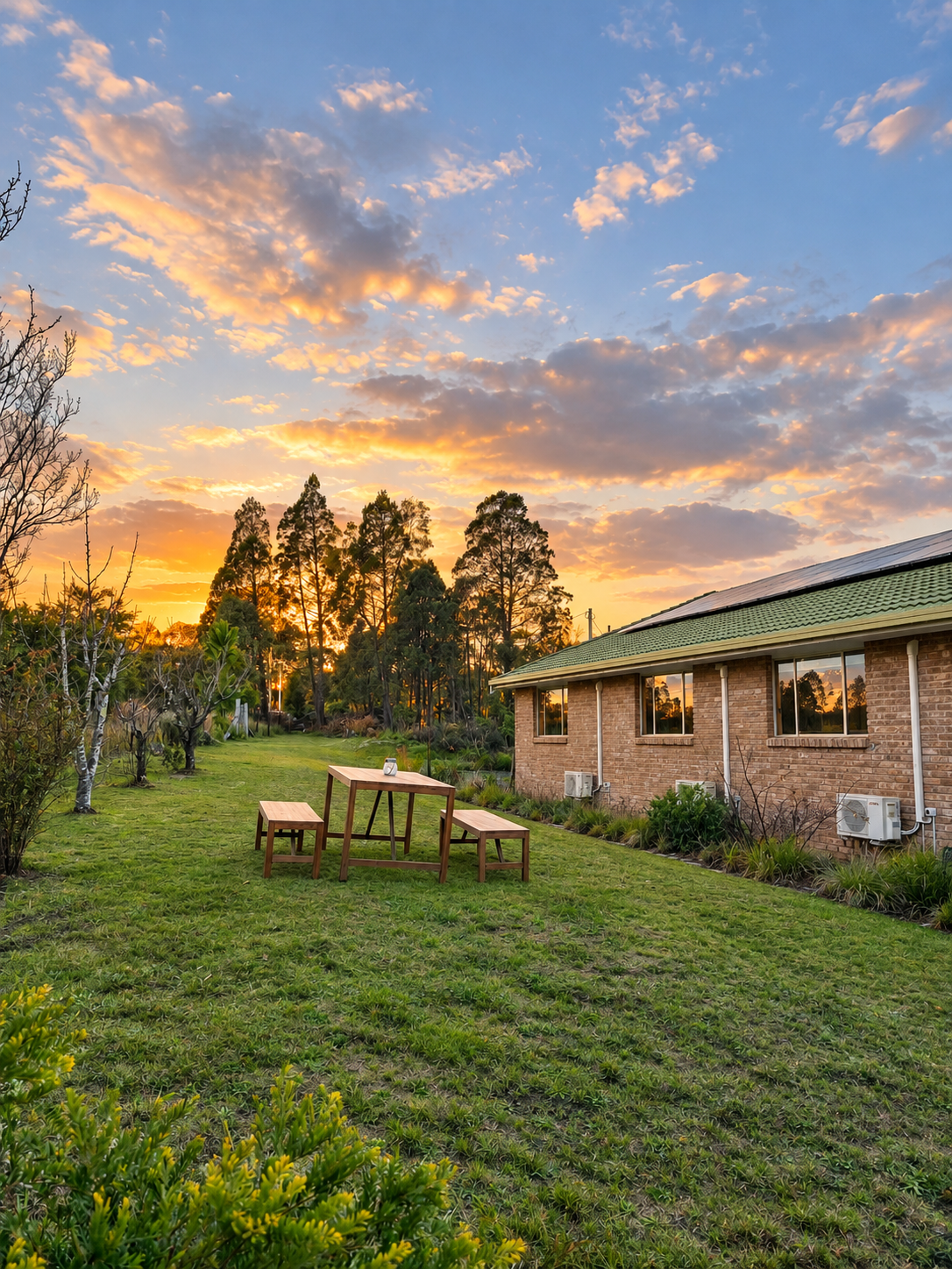 Garden and outdoor seating beside the Stanthorpe home at sunset